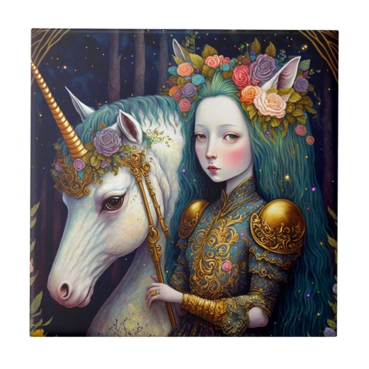 Einhorn und Lady Fantasy Art Fliese (Vorderseite)