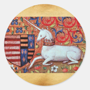 EINHORN UND MITTELALTERLICHE BLUMEN, FANTASIEBLUME RUNDER AUFKLEBER