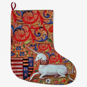 EINHORN UND MITTELALTERLICHE FANTASIEBLUMEN, BLUME GROßER WEIHNACHTSSTRUMPF