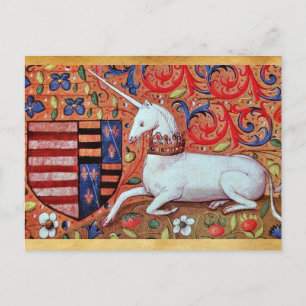 EINHORN UND MITTELALTERLICHE FANTASIEBLUMEN, BLUME POSTKARTE