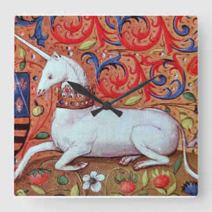 EINHORN UND MITTELALTERLICHE FANTASIEBLUMEN, BLUME QUADRATISCHE WANDUHR