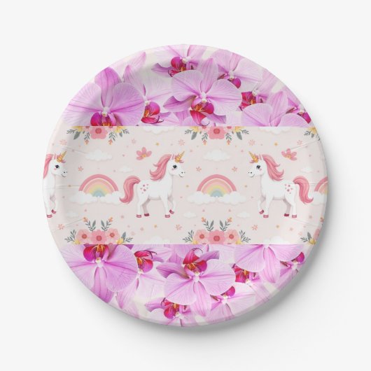 Einhorn und Orchideen, Regenbogen, Blume, Party Pappteller (Vorderseite)