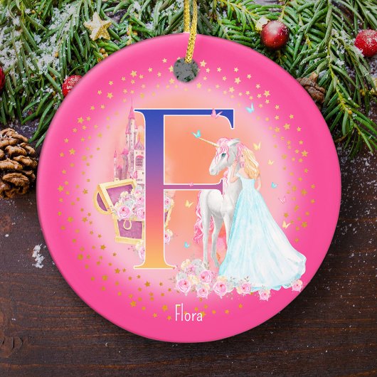 Einhorn und Princess Letter F Monogram Christmas Keramik Ornament