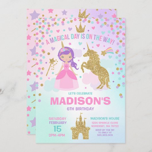 Einhorn und Prinzessin Invitation Magical Birthday Einladung (Vorne/Hinten)