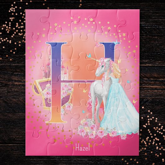 Einhorn und Prinzessin mit Castle Letter H Monogra Puzzle