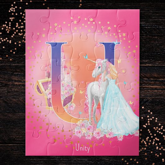 Einhorn und Prinzessin mit Castle Letter U Monogra Puzzle