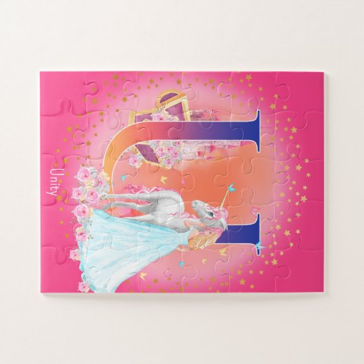 Einhorn und Prinzessin mit Castle Letter U Monogra Puzzle (Horizontal)