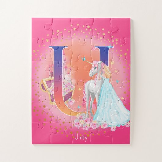 Einhorn und Prinzessin mit Castle Letter U Monogra Puzzle (Vertikal)
