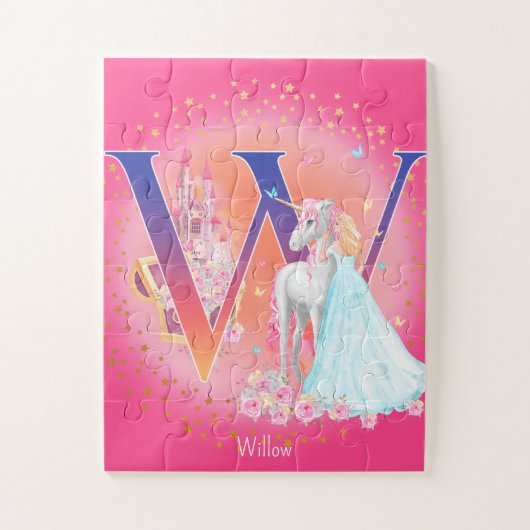 Einhorn und Prinzessin mit Castle Letter W Monogra Puzzle (Vertikal)