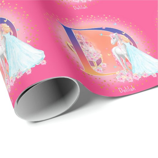 Einhorn und Prinzessin mit Schlossbrief D Monogram Geschenkpapier (Rolleneckpunkt)