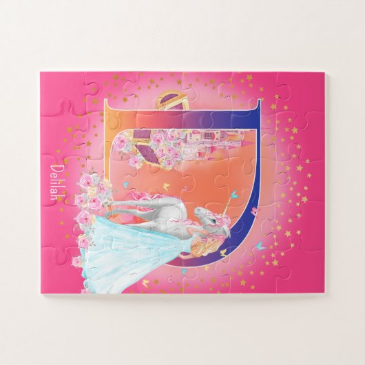 Einhorn und Prinzessin mit Schlossbrief D Monogram Puzzle (Horizontal)