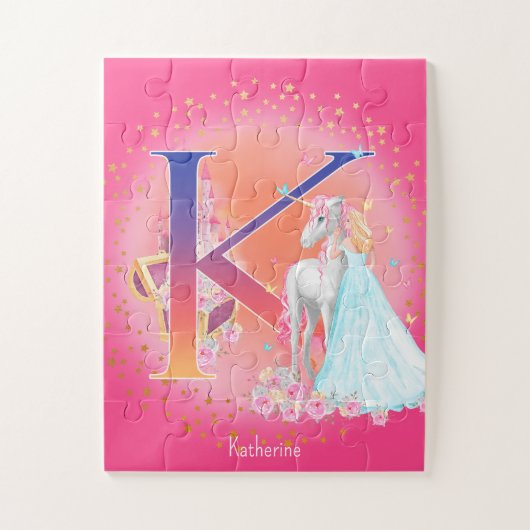 Einhorn und Prinzessin mit Schlossbrief K Monogram Puzzle (Vertikal)
