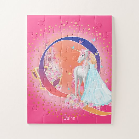 Einhorn und Prinzessin mit Schlossbrief Q Monogram Puzzle (Vertikal)