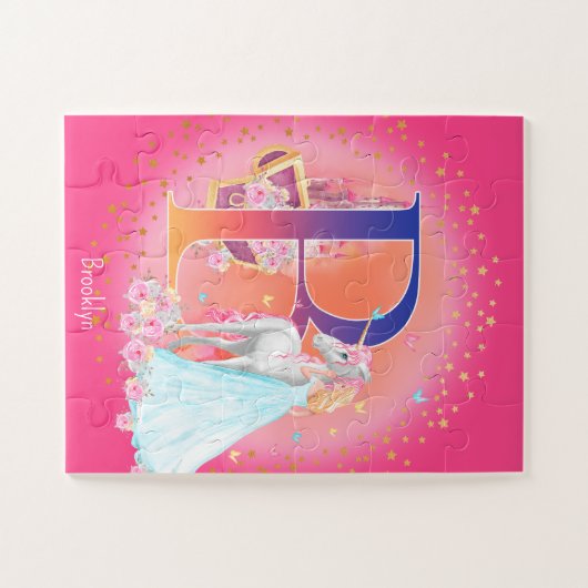 Einhorn und Prinzessin mit Schlossbuchstabe B Mono Puzzle (Horizontal)