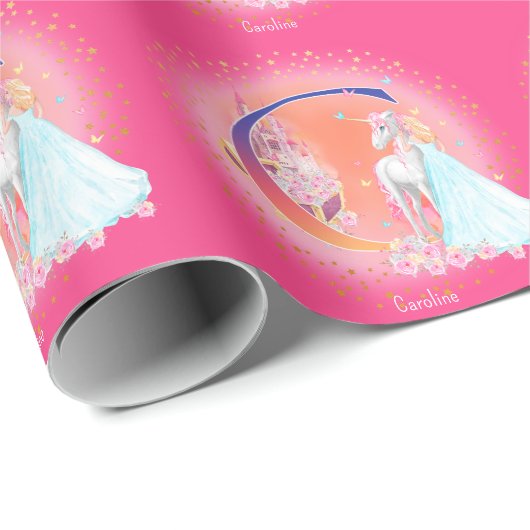 Einhorn und Prinzessin mit Schlossbuchstabe C Mono Geschenkpapier (Rolleneckpunkt)