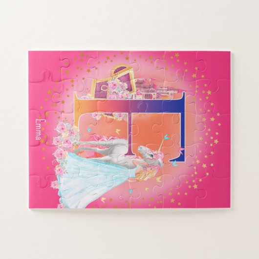 Einhorn und Prinzessin mit Schlossbuchstabe E Mono Puzzle (Horizontal)