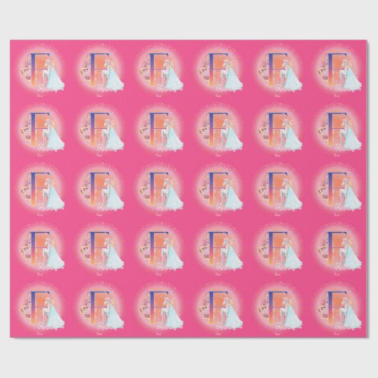 Einhorn und Prinzessin mit Schlossbuchstabe F Mono Geschenkpapier (Flach)