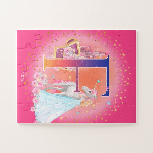 Einhorn und Prinzessin mit Schlossbuchstabe F Mono Puzzle (Horizontal)