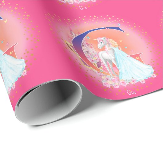 Einhorn und Prinzessin mit Schlossbuchstabe G Mono Geschenkpapier (Rolleneckpunkt)