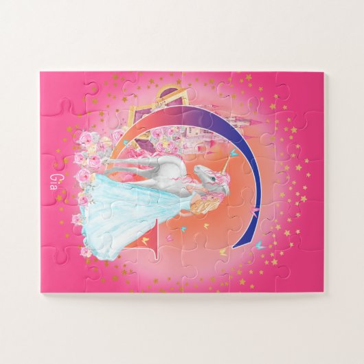 Einhorn und Prinzessin mit Schlossbuchstabe G Mono Puzzle (Horizontal)