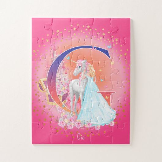 Einhorn und Prinzessin mit Schlossbuchstabe G Mono Puzzle (Vertikal)