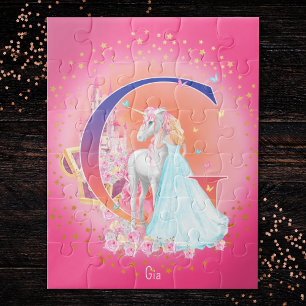 Einhorn und Prinzessin mit Schlossbuchstabe G Mono Puzzle