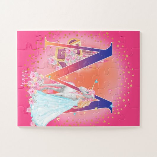 Einhorn und Prinzessin mit Schlossbuchstabe M Mono Puzzle (Horizontal)