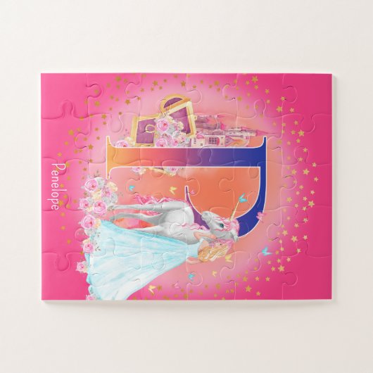 Einhorn und Prinzessin mit Schlossbuchstabe P Mono Puzzle (Horizontal)