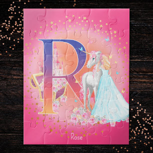 Einhorn und Prinzessin mit Schlossbuchstabe R Mono Puzzle
