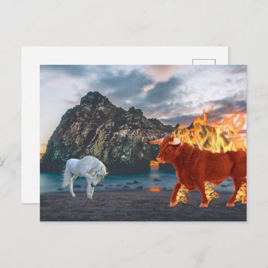 Einhorn und Red Flaming Bull am Strand Postkarte (Vorne/Hinten)