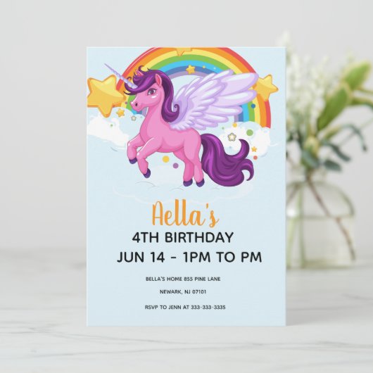 Einhorn und Regenbogen Geburtstag Einladung (Stehend Vorderseite)