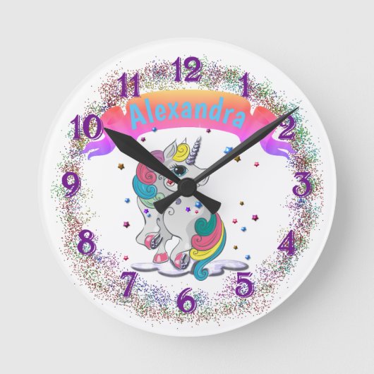 Einhorn und Regenbogen-Glitzer Runde Wanduhr (Vorderseite)