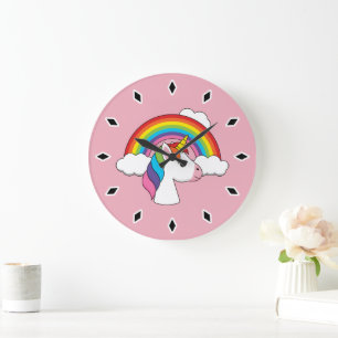 Einhorn und Regenbogen mit Wolken Kawaii Große Wanduhr