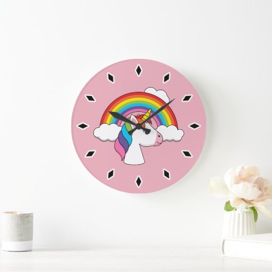 Einhorn und Regenbogen mit Wolken Kawaii Große Wanduhr (Zuhause)