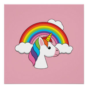 Einhorn und Regenbogen mit Wolken Kawaii Poster