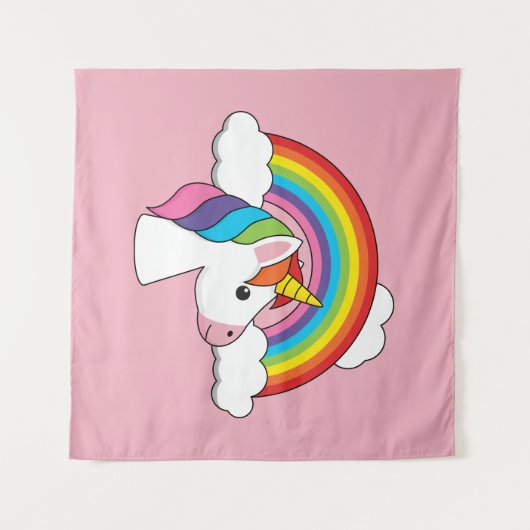Einhorn und Regenbogen mit Wolken Kawaii Wandteppich (Vorderseite (Horizontal))