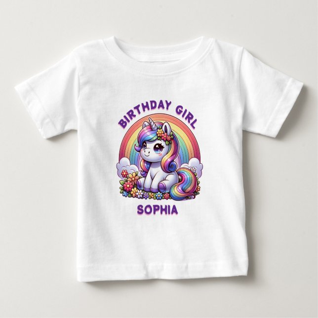 Einhorn und Regenbogen Personalisiert Baby T-shirt (Vorderseite)