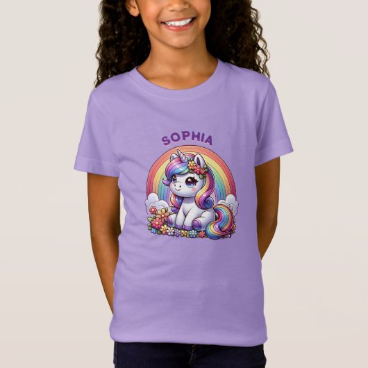 Einhorn und Regenbogen Personalisiert T-Shirt (Vorderseite)
