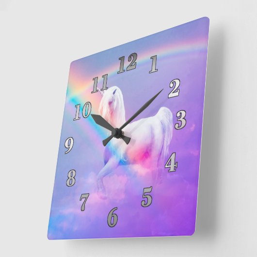 Einhorn und Regenbogen Quadratische Wanduhr (Winkel)
