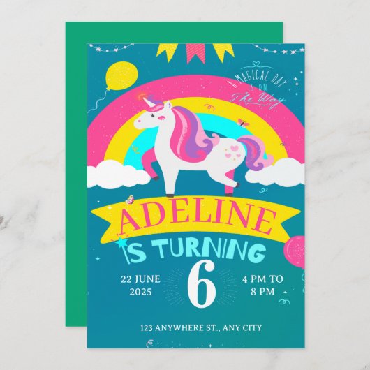 Einhorn- und Regenbogengeburt Einladung (Vorne/Hinten)