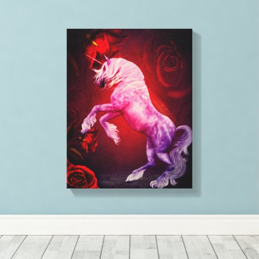 Einhorn und Rote Rosen Fantasy Horst Art Leinwanddruck (Insitu (Holzboden))