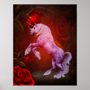 Einhorn und Rote Rosen Fantasy Horst Art Poster