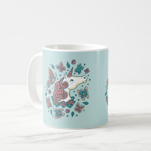 Einhorn und Schmetterlinge Kaffeetasse (Vorderseite Links)