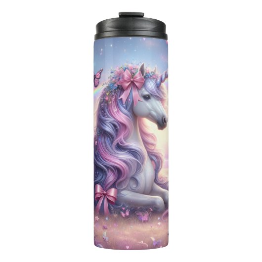 Einhorn und Schmetterlinge Pink Coquette Fantasy Thermosbecher (Vorderseite)