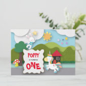 Einhorn und Sonnige Landschaft Erster Geburtstag Einladung (Stehend Vorderseite)