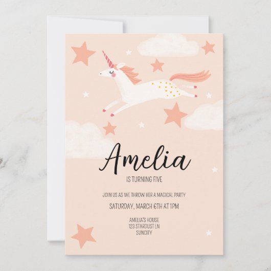Einhorn und Sterne Geburtstag Einladung (Vorderseite)