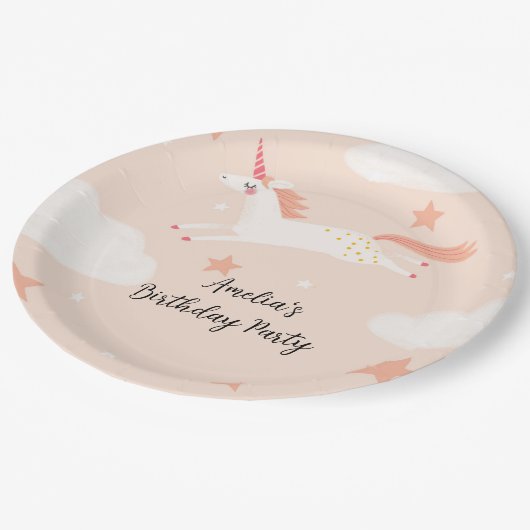 Einhorn und Sterne Pappteller (Schrägansicht)
