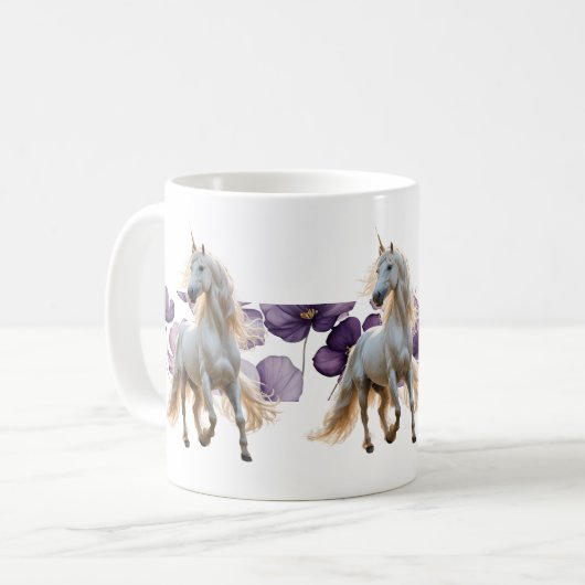 Einhorn und violette Blumen Kaffeetasse (Vorderseite Links)