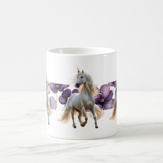 Einhorn und violette Blumen Kaffeetasse (Mittel)