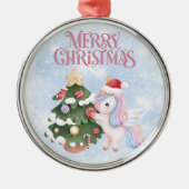 Einhorn und Weihnachtsbaum auf Sparkle Blue Sky Ornament Aus Metall (Vorne)